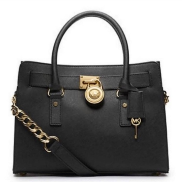 MICHAEL KORS Hamilton Saffiano Leather Large Satchel Black Gold - Picture 2 of 10